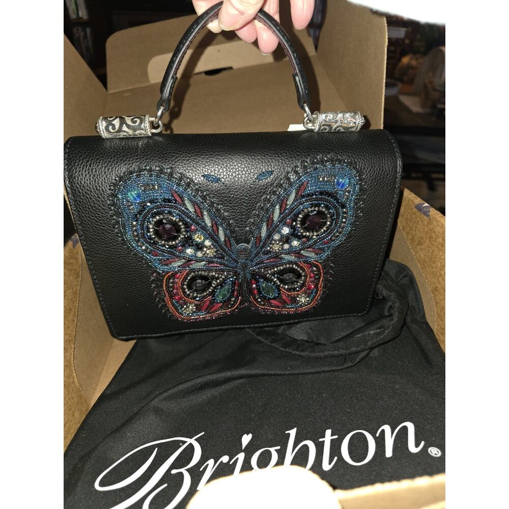 Brighton Majestic Butterfly Bag Crossbody Black Pebbled Leather Beaded Jeweled